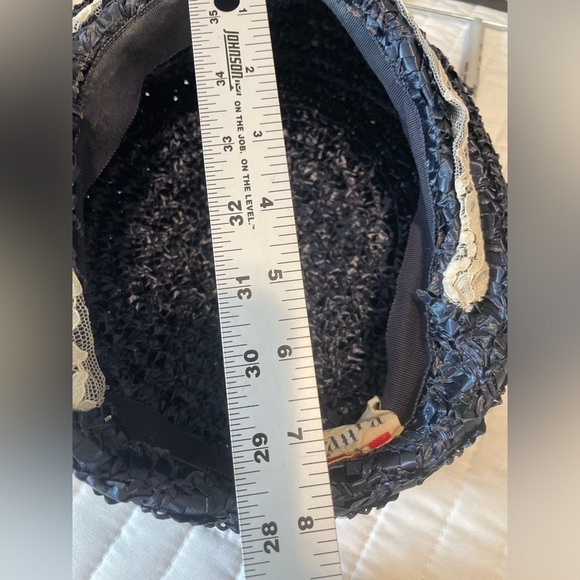 Vintage Designed by Laura Hat Sz S Weave Straw Hat Navy  50s/60s Lace Pillbox - Picture 7 of 8
